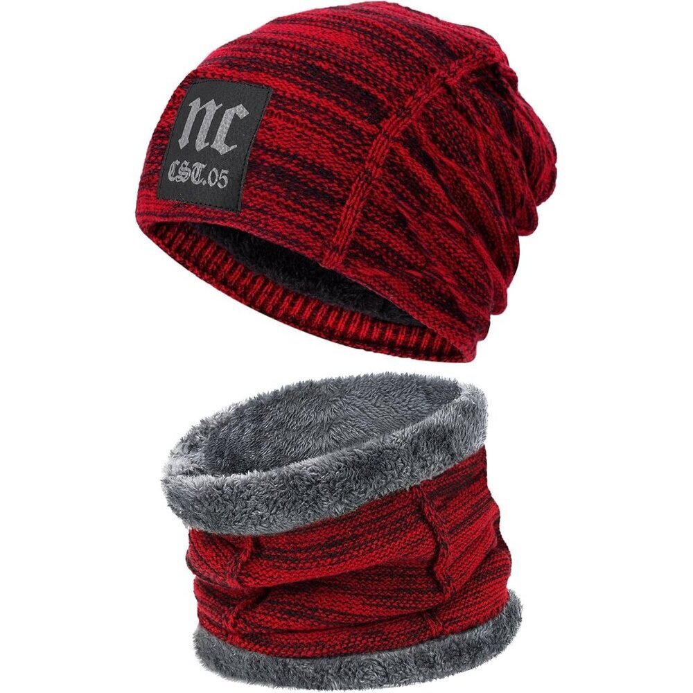 🆕 Men Red Fleece Lined Winter Cap Beanie Scarf Set Knit Neck Warmer Nice Hat